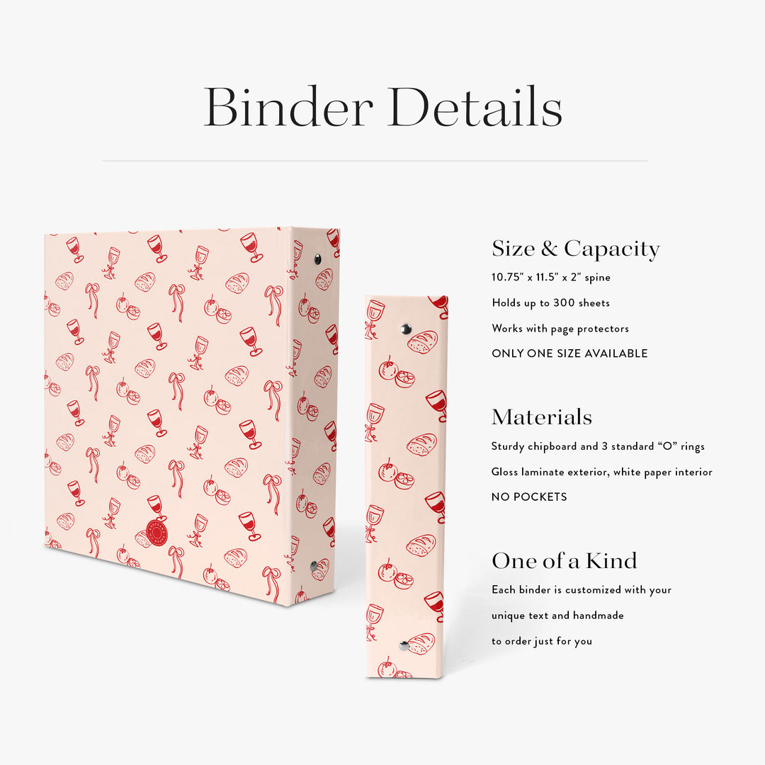 Personalized recipe binder in whimsical red and pink food-inspired doodles on a white background with specifications