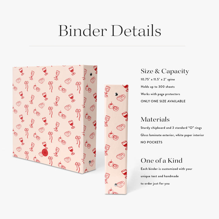 Personalized recipe binder in whimsical red and pink food-inspired doodles on a white background with specifications
