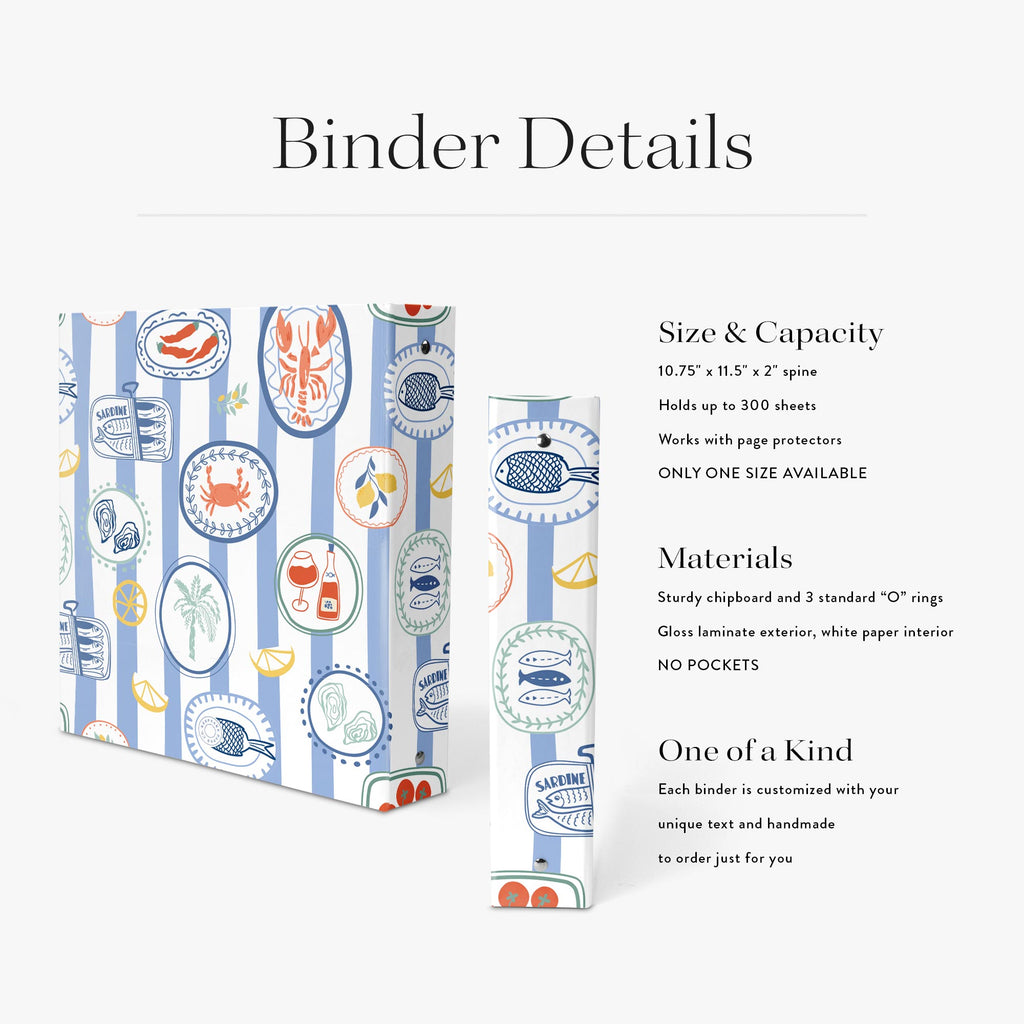 Personalized recipe binder with nautical themed pattern and text detailing size, capacity, materials, and customization options.