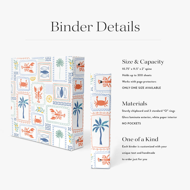 Personalized recipe binder with nautical themed pattern and text detailing size, capacity, materials, and customization options.
