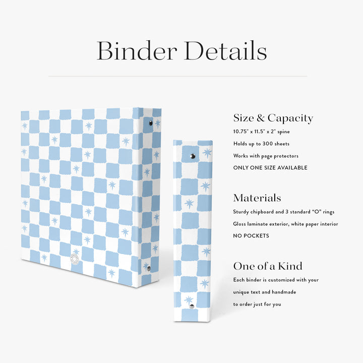 Personalized cookbook in checkerboard pattern on a white background with product specifications