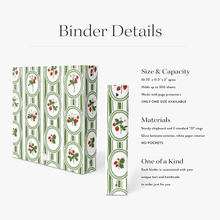Binder with strawberry design on a white background with text detailing size, capacity, materials, and customization options.