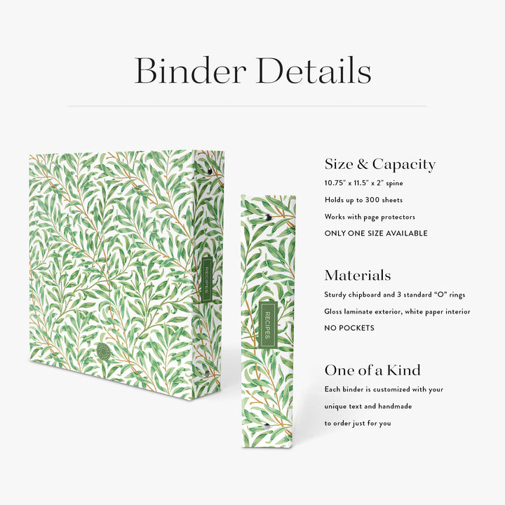 Custom cookbook in green and white willow bough pattern on a white background with product specifications