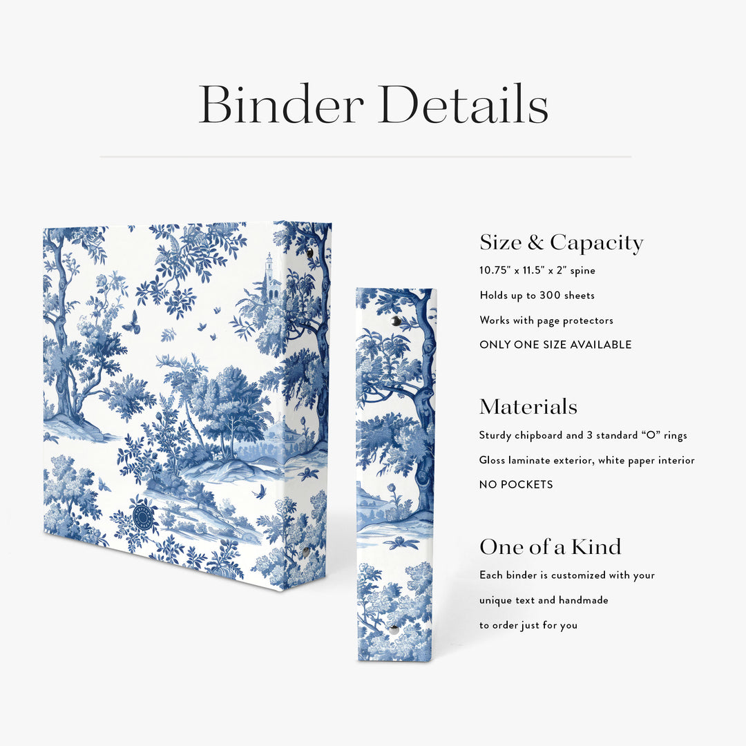 Binder with blue floral design on a white background, accompanied by text detailing size, capacity, materials, and customization options.