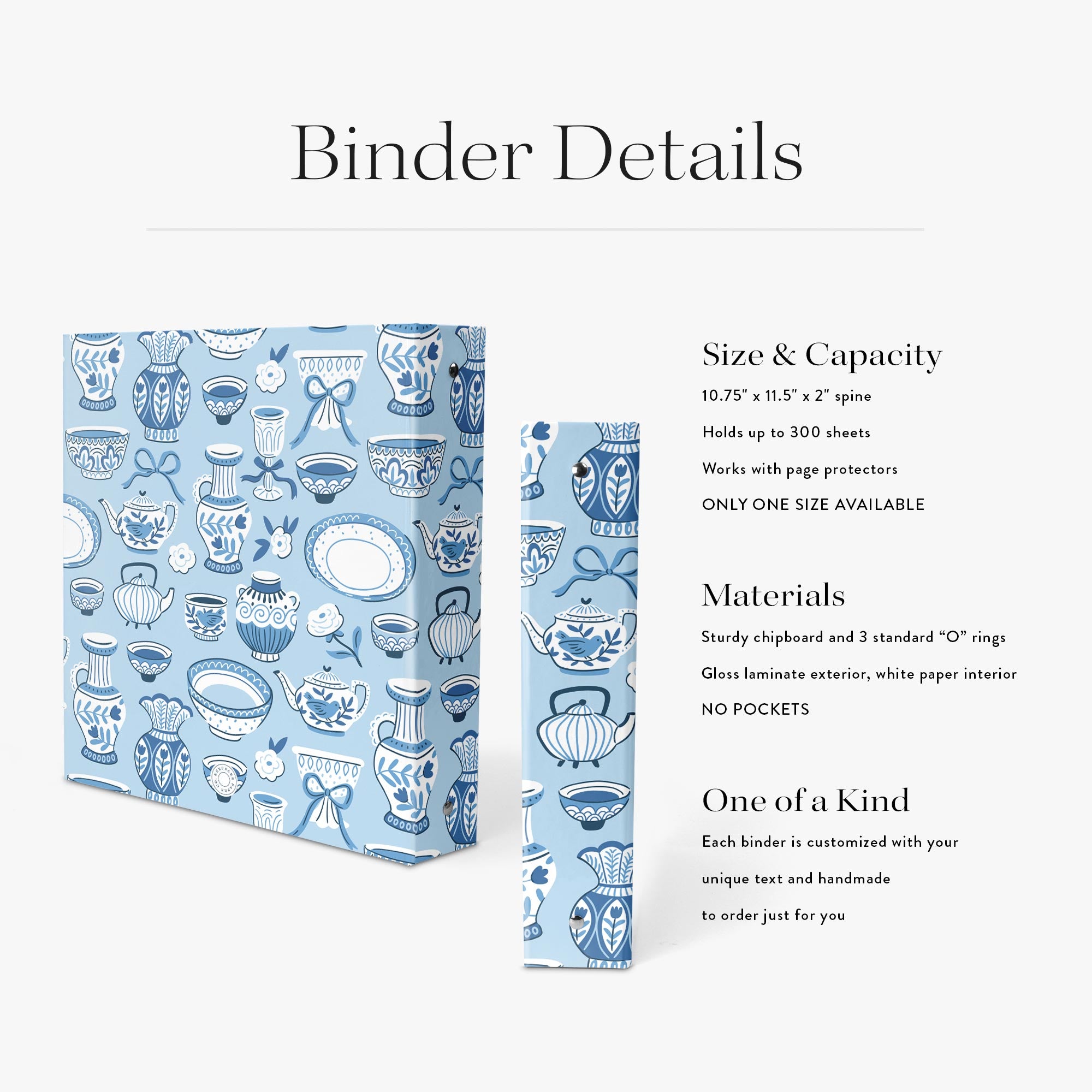 Binder details including size and capacity, materials and uniqueness next to a blue and white recipe binder on a white background.