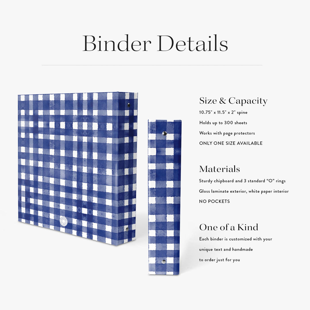 Personalized recipe binder with a navy and white checkerboard pattern on a white background with product details