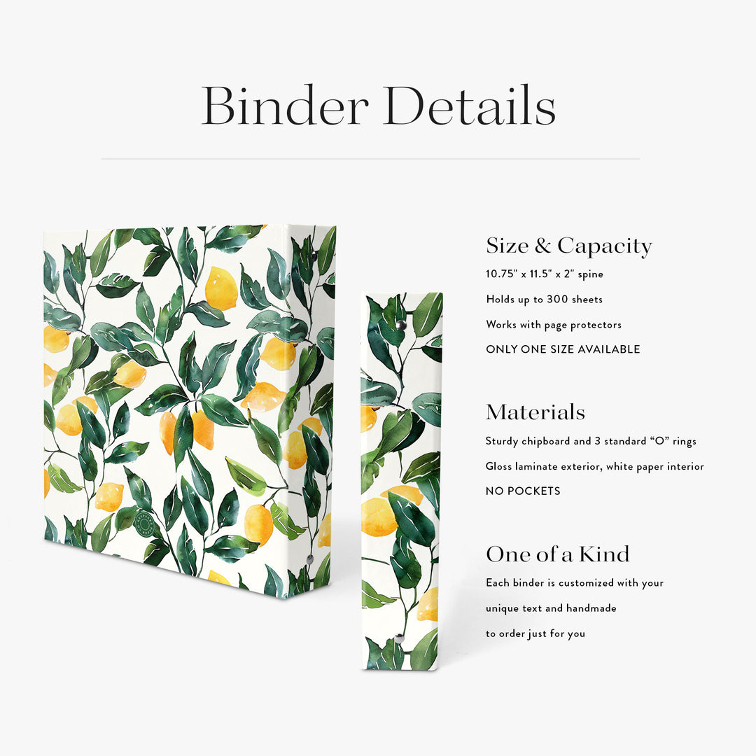 Personalized cookbook binder with watercolor lemons and leaves on a white background with detailed product information
