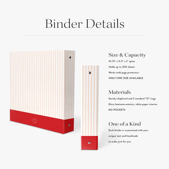 Custom cookbook with classic stripe design in red and pink on a white background with detailed product information