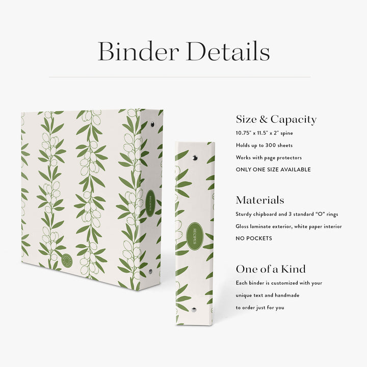 Custom cookbook binder with botanical olive leaf design on a white background with product specifications
