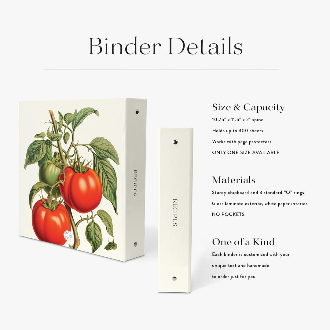 Personalized cookbook with tomato illustration on a beige background with detailed product information
