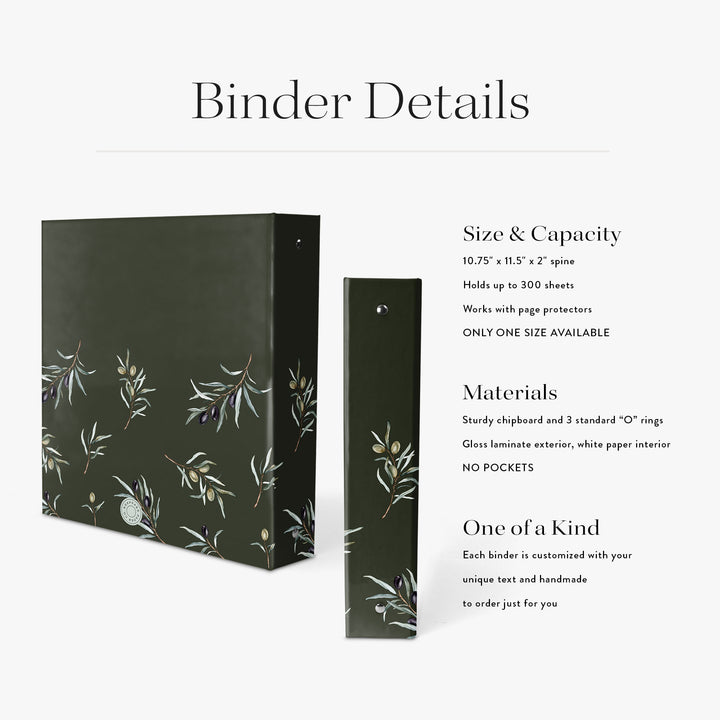 Custom cookbook binder with olive design on a dark green background with product specifications