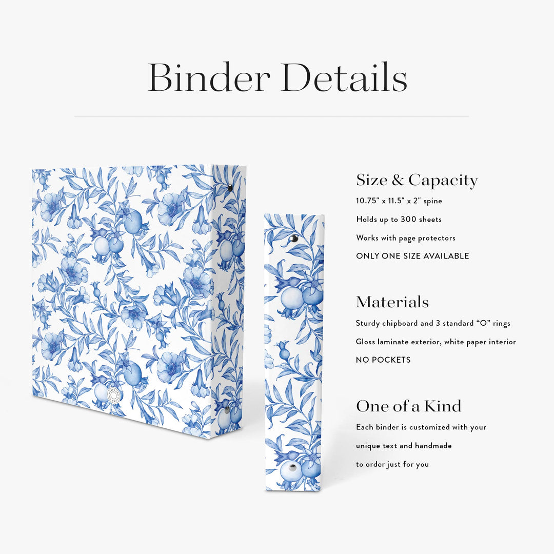 Toile patterned personalized recipe binder with details on size, capacity, materials, and customization.