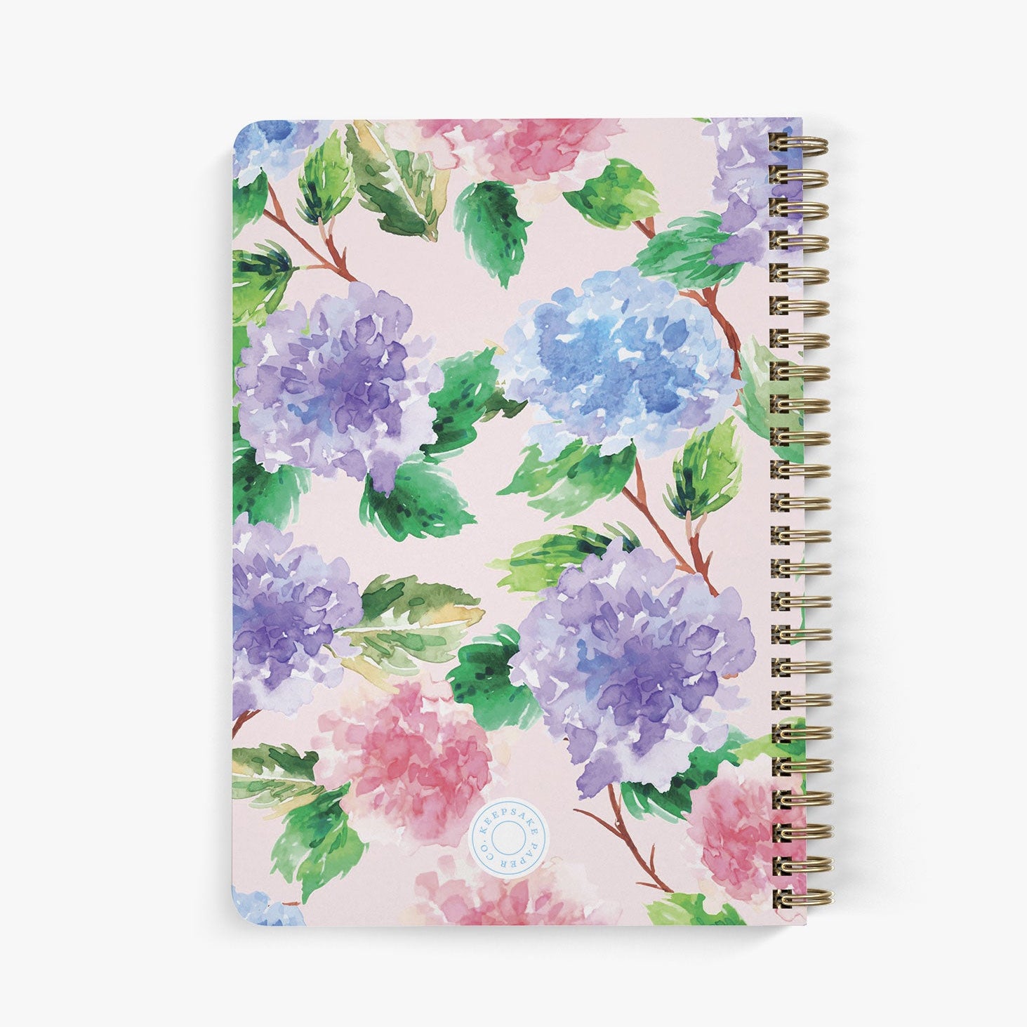 Back view of personalized address notebook with colorful hydrangea floral design on a white background