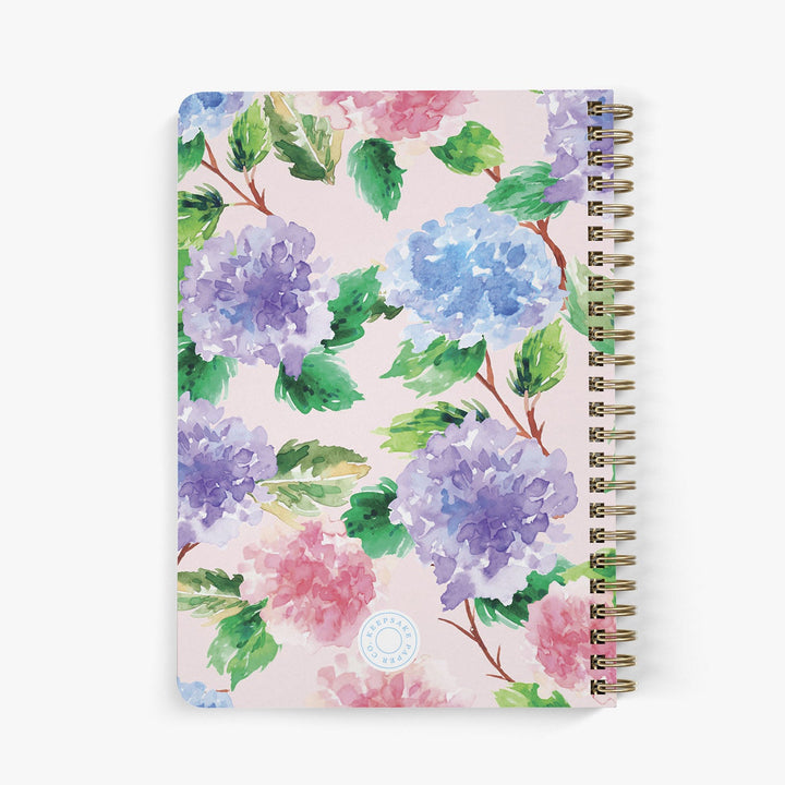 Back view of personalized address notebook with colorful hydrangea floral design on a white background
