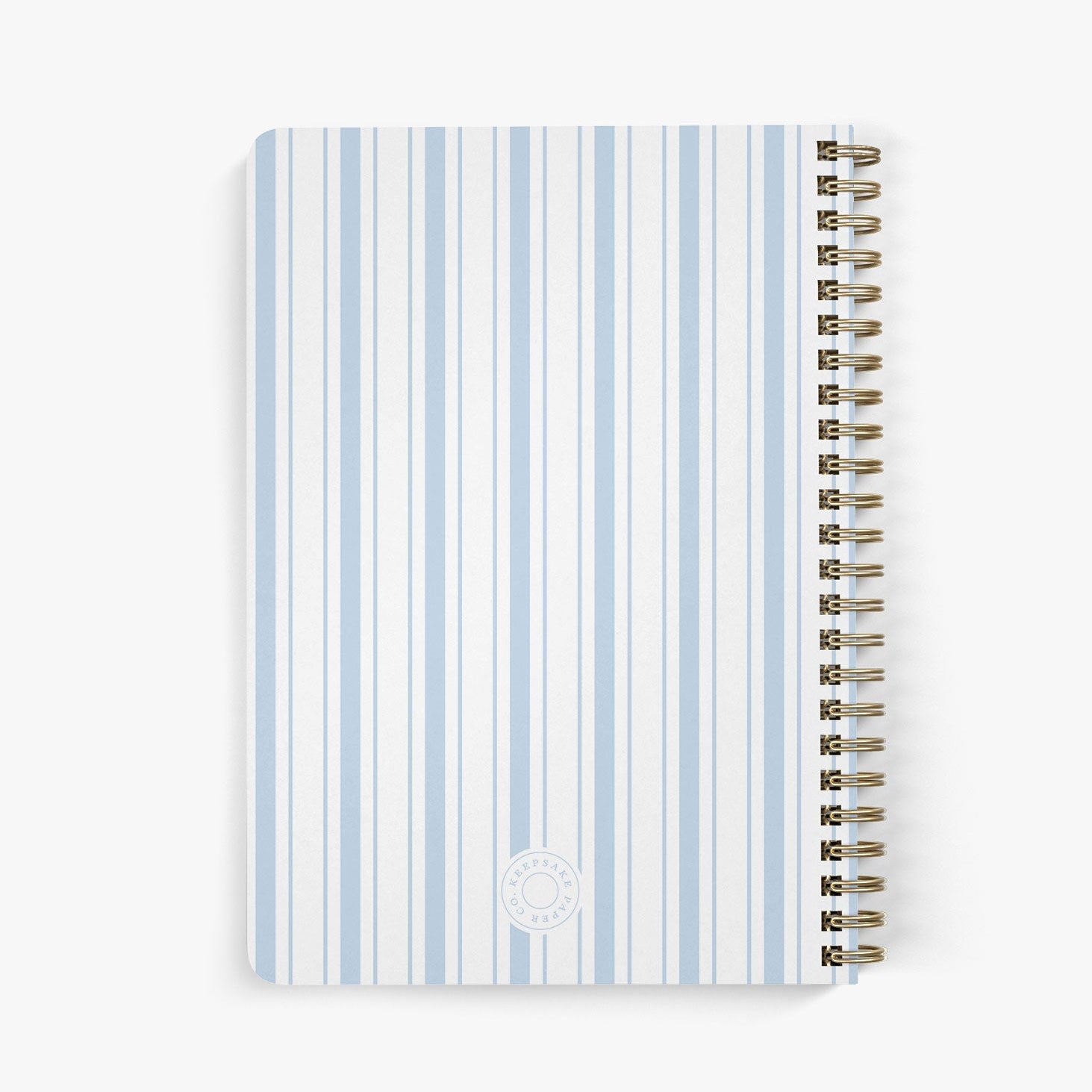 Back view of custom address book with a nautically-inspired blue and white striped cover on a white background