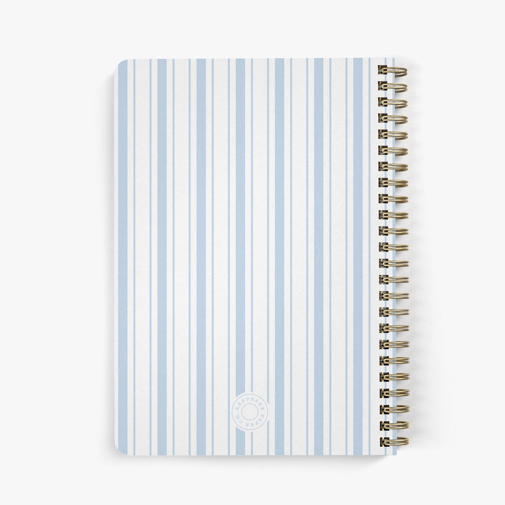 Back view of personalized password notebook with a coastal inspired blue and white stripe and gold binding
