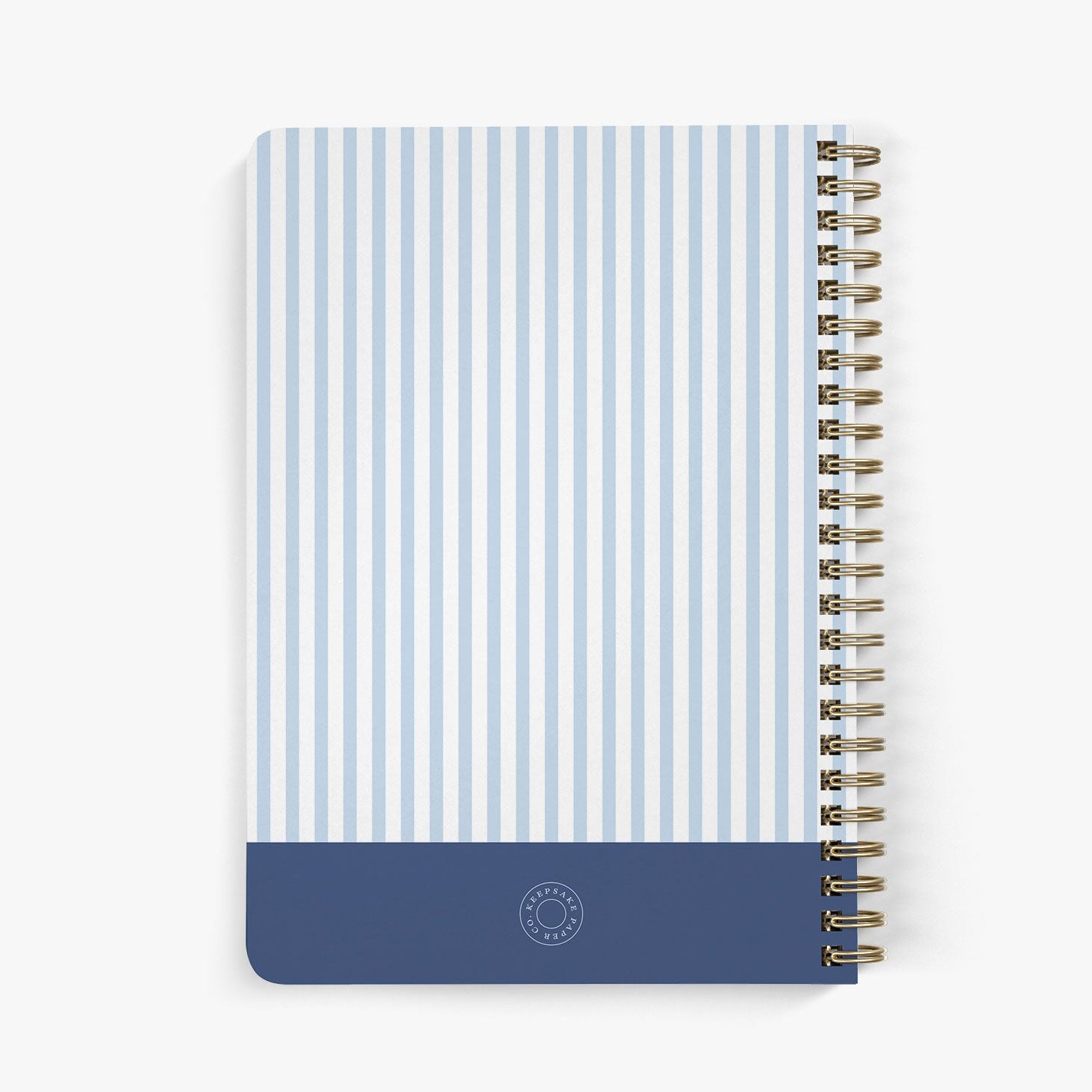 Back view of personalized address book with blue and white striped design on a white background