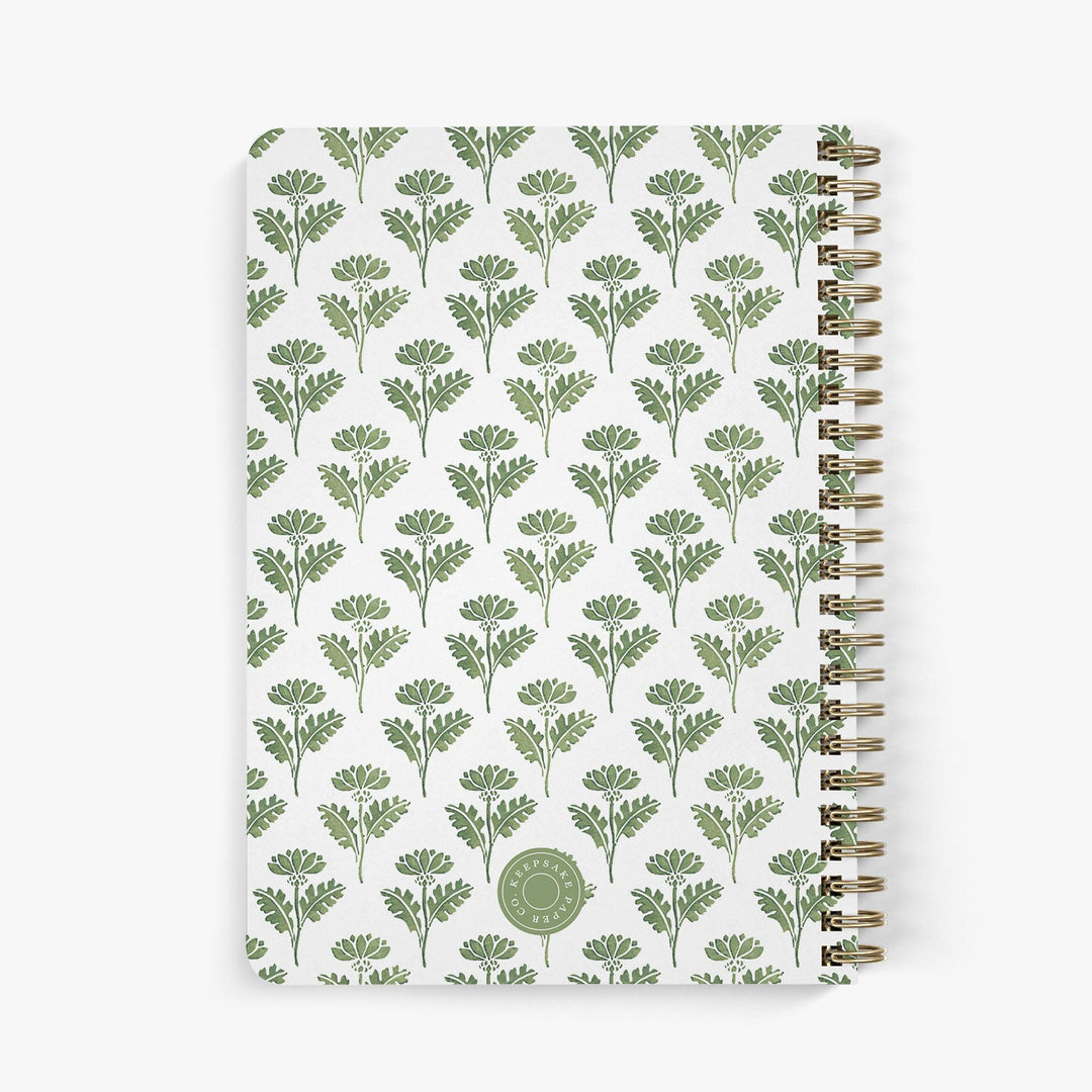 Back view of personalized address notebook with green and white ink block floral pattern