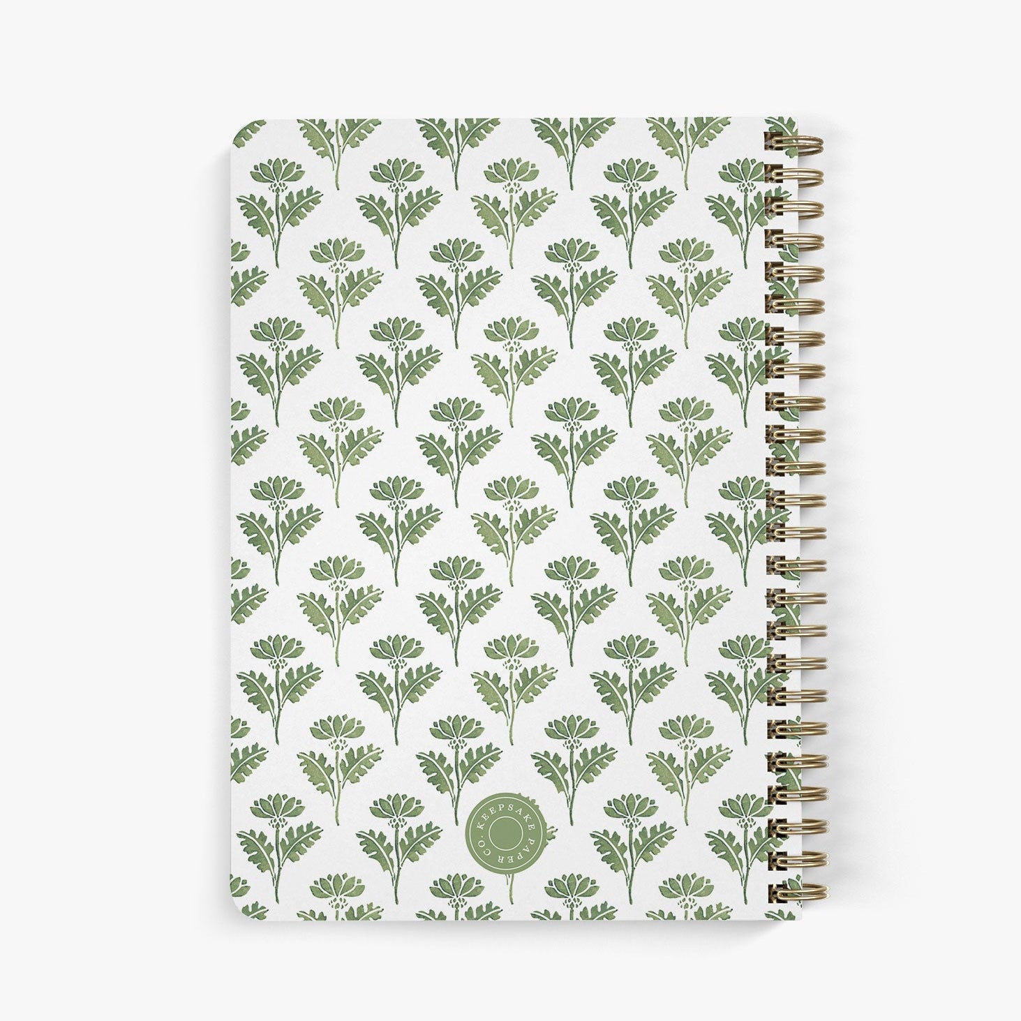 Back view of personalized password notebook in a green and white floral ink block pattern on a white background