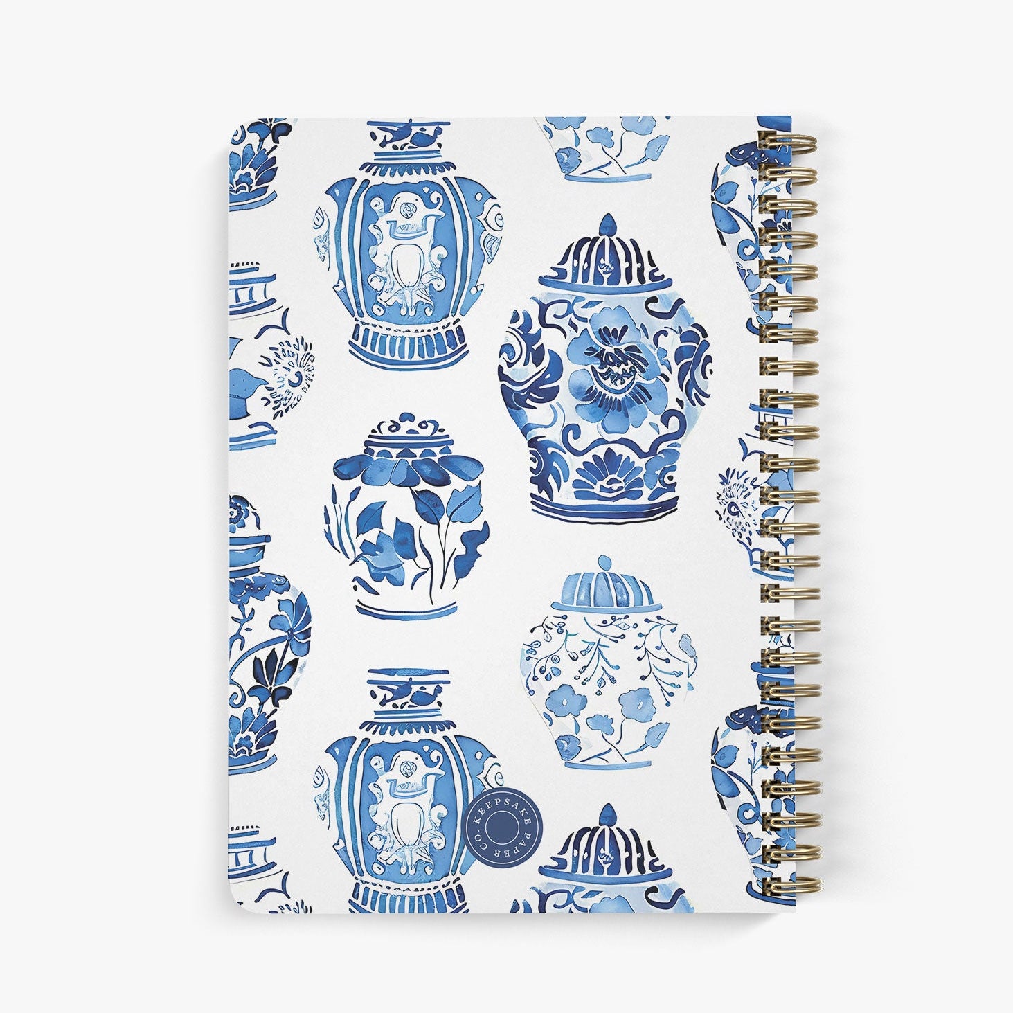 Back view of personalized password notebook with blue and white floral ginger jars