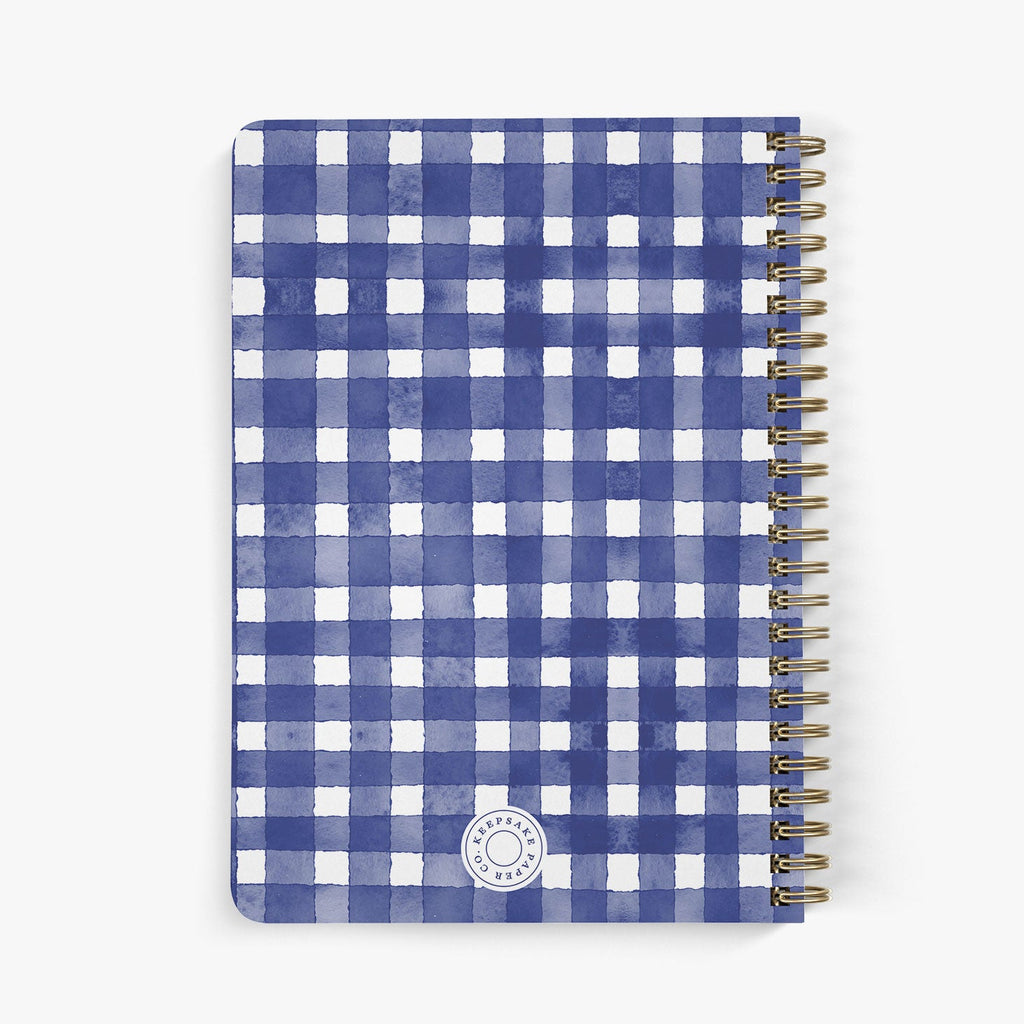 Back view of personalized address notebook with blue and white gingham checkered pattern