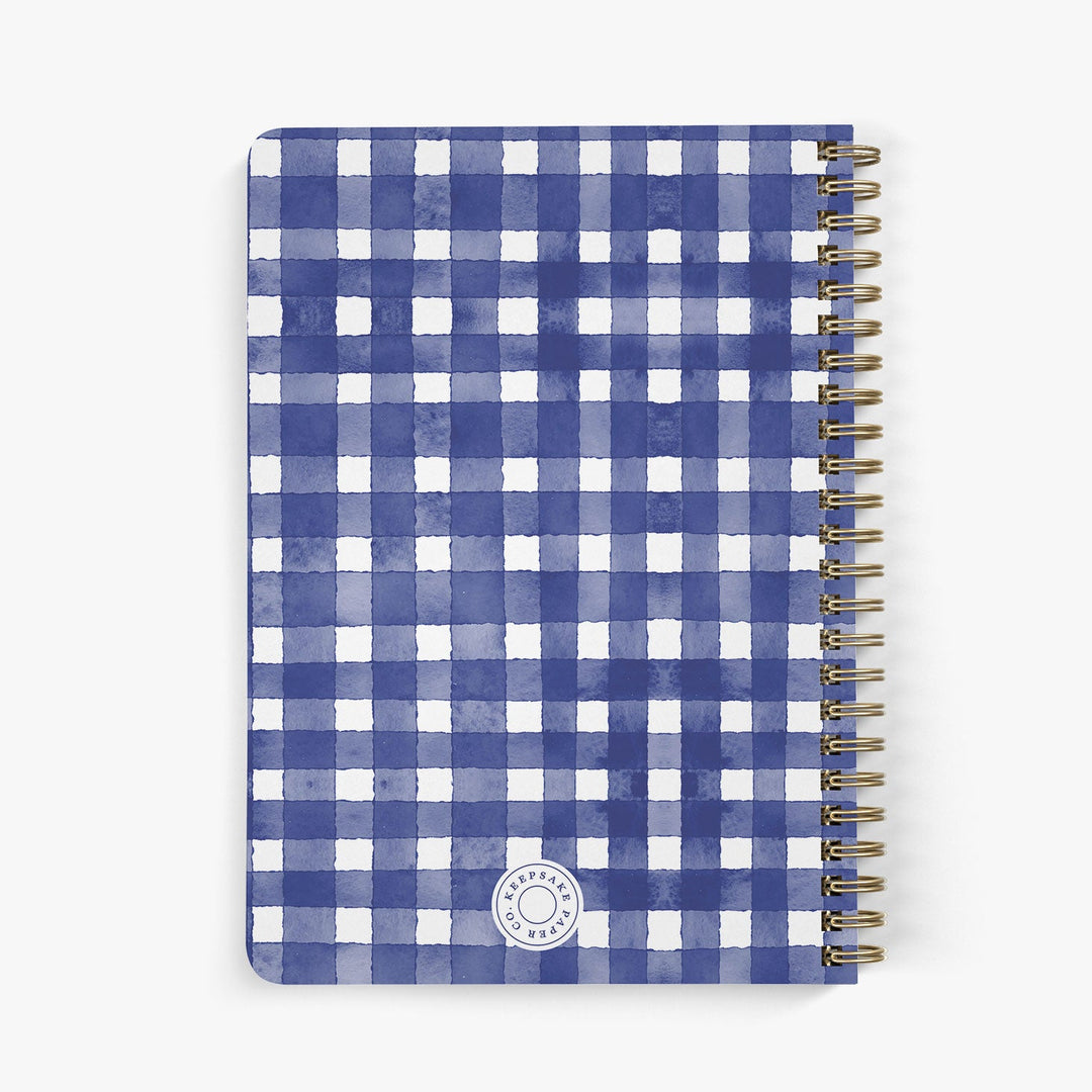 Back view of personalized address notebook with blue and white gingham checkered pattern
