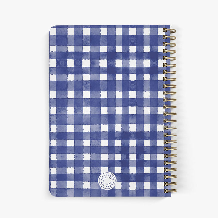 Back view of personalized password notebook with a blue and white checkerboard pattern