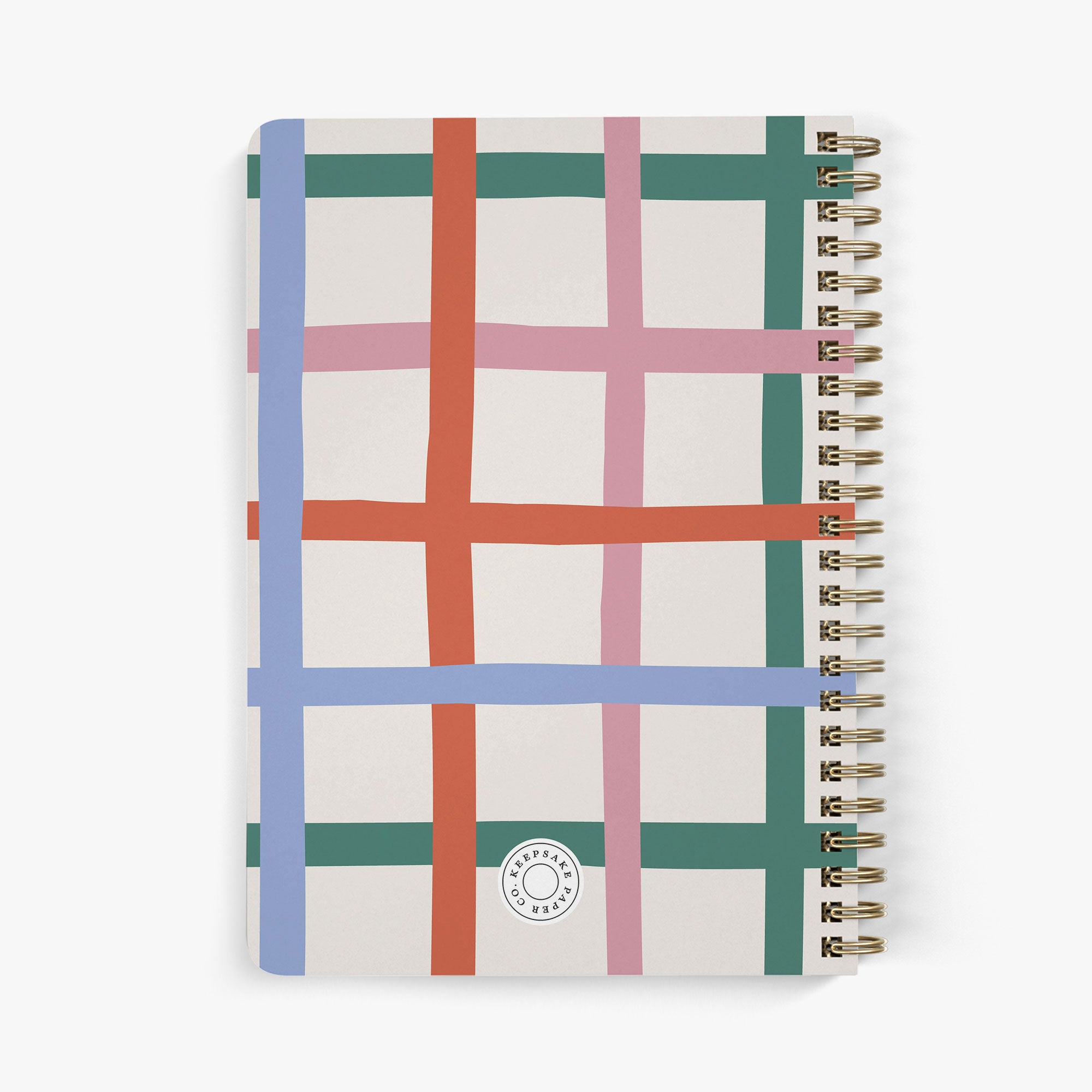 Back view of personalized password notebook with gold wire binding and colorful grid pattern