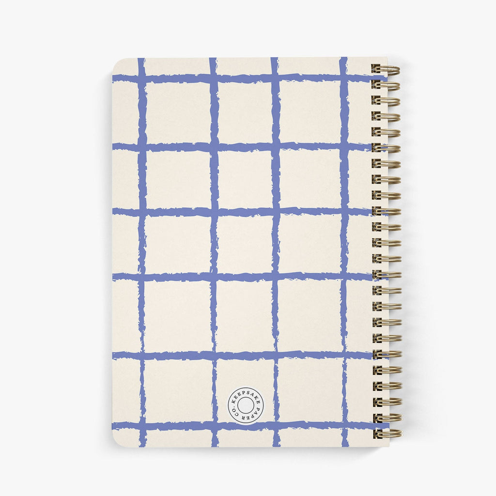 Back view of custom address book with blue grid pattern on a white background
