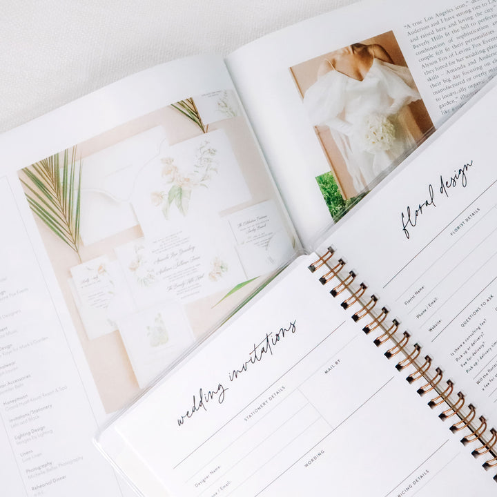 Inside pages of wedding planner featuring clean, minimal worksheets for tracking wedding invitations and floral design details