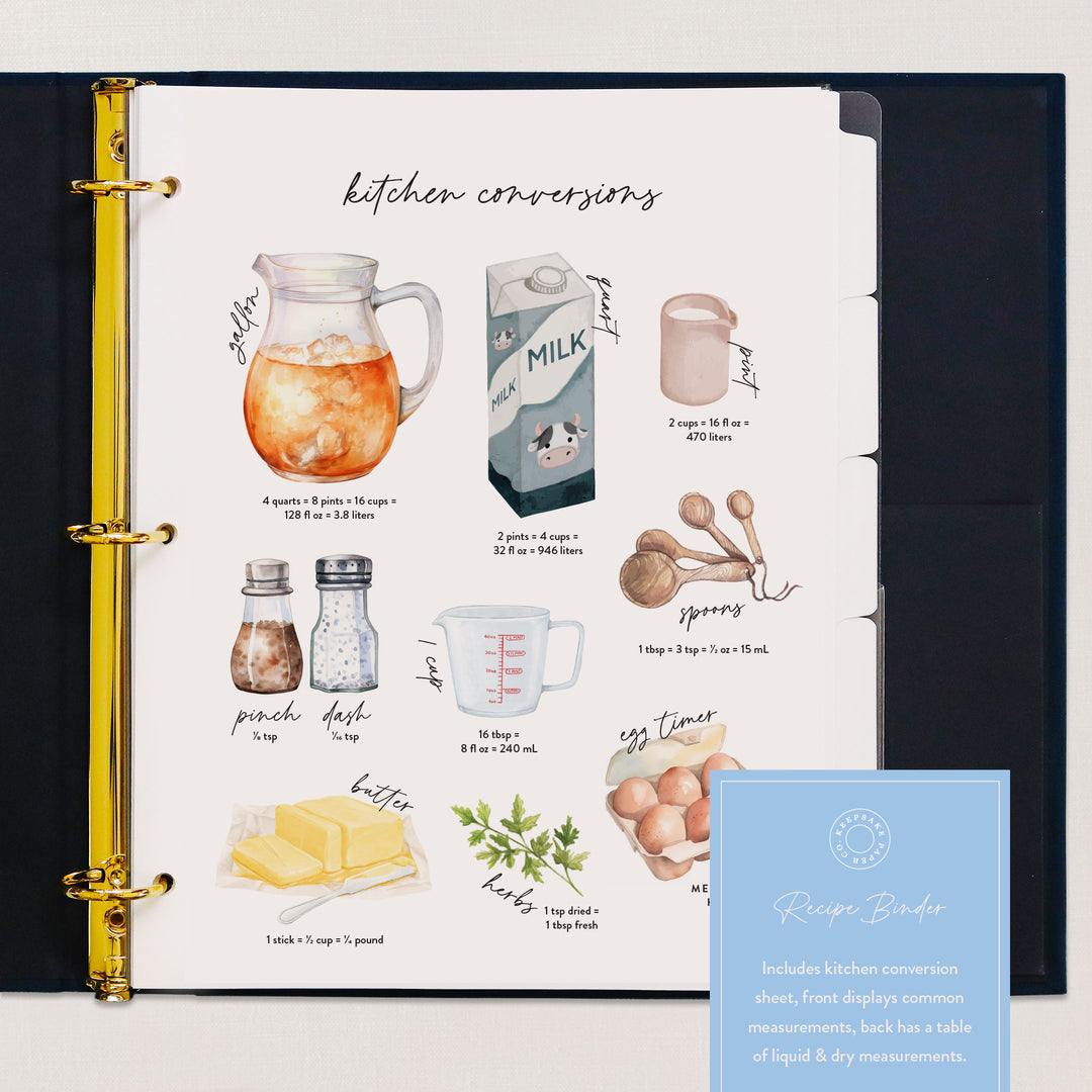 We've also included a kitchen conversions sheet in our custom recipe binder kit with liquid and dry measurements