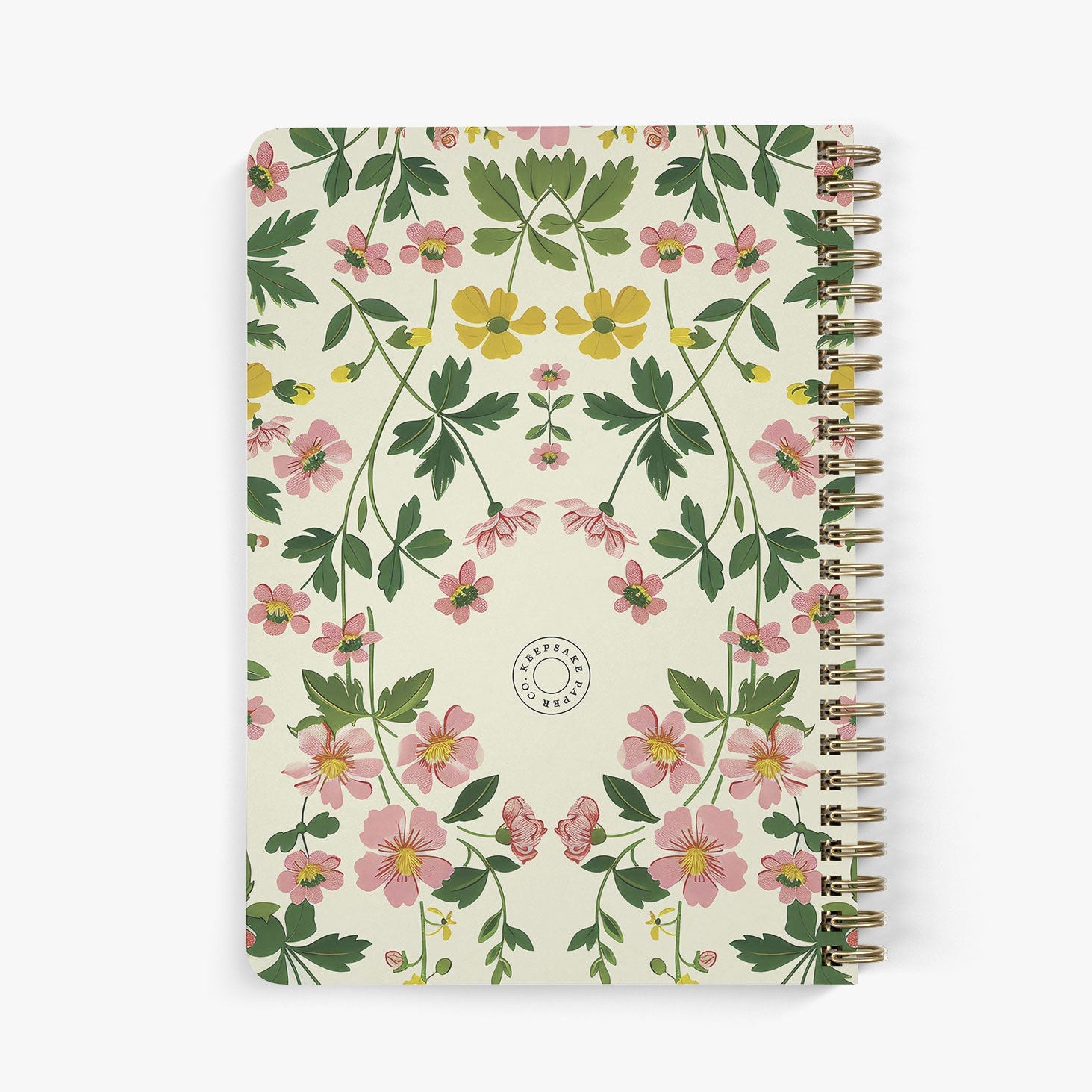 Back view of floral patterned address notebook with a gold spiral binding on a white background