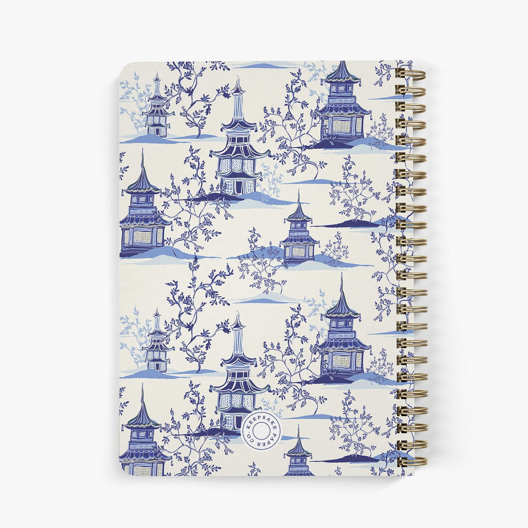 Back view of personalized password notebook with blue and white pagoda design and gold binding