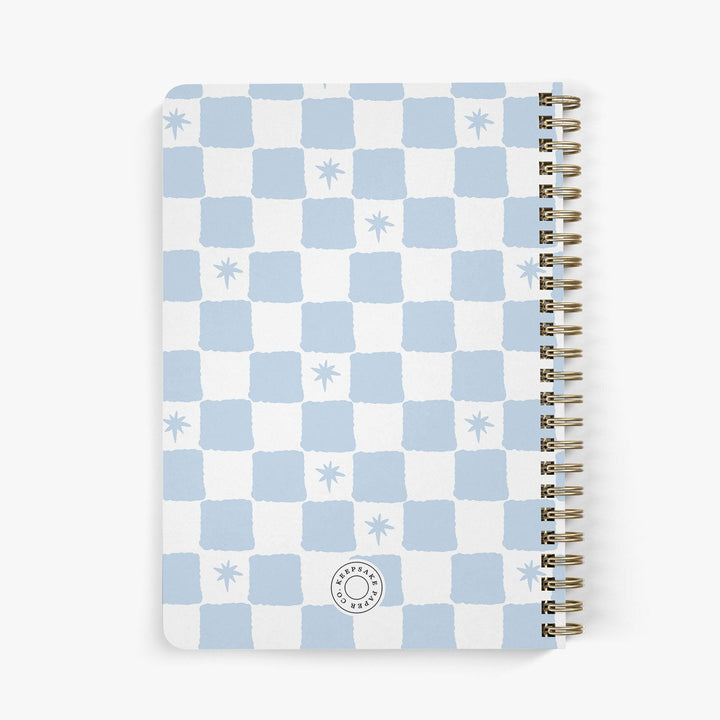 Back view of personalized address notebook featuring a star and checkerboard pattern