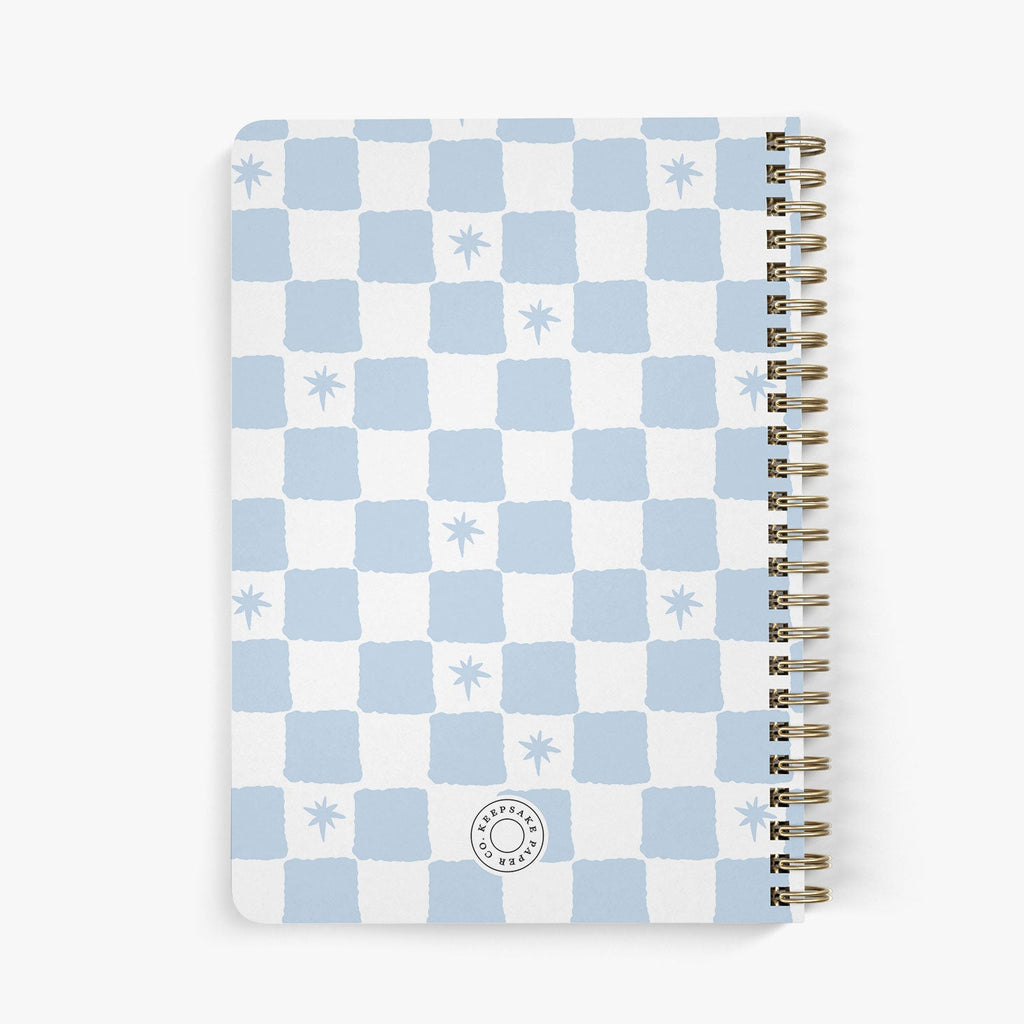 Back view of personalized password notebook featuring a checkerboard pattern dotted with stars