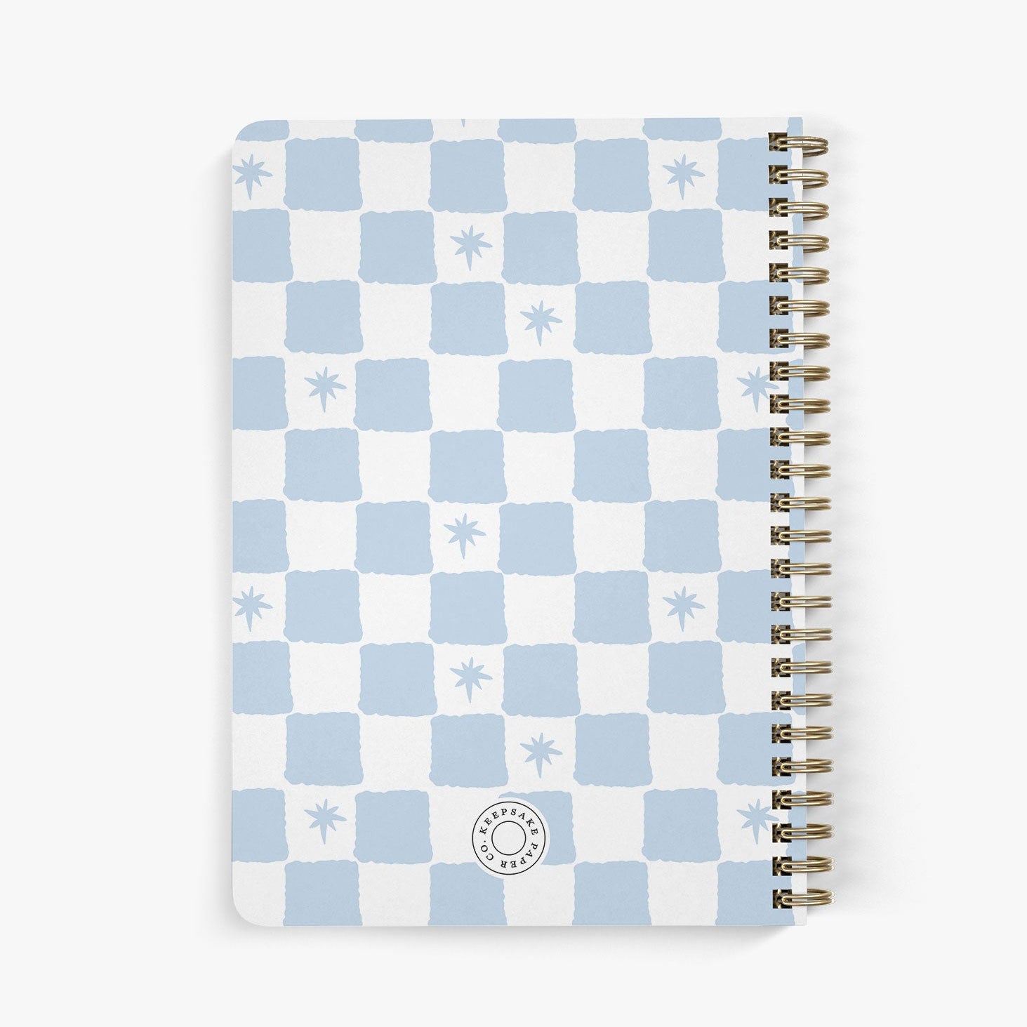 Back view of personalized password notebook featuring a checkerboard pattern dotted with stars