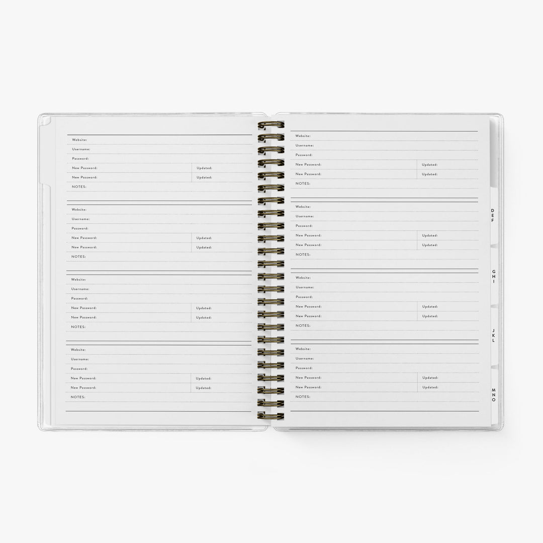 The custom login book features a clean, minimal design for stress-free organizing and room for 288 passwords