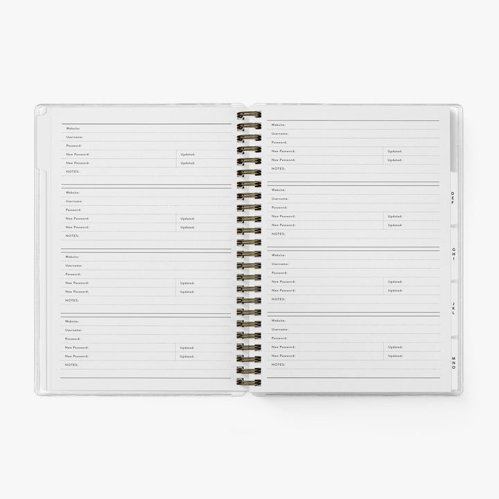 The custom login book features a clean, minimal design for stress-free organizing and room for 288 passwords