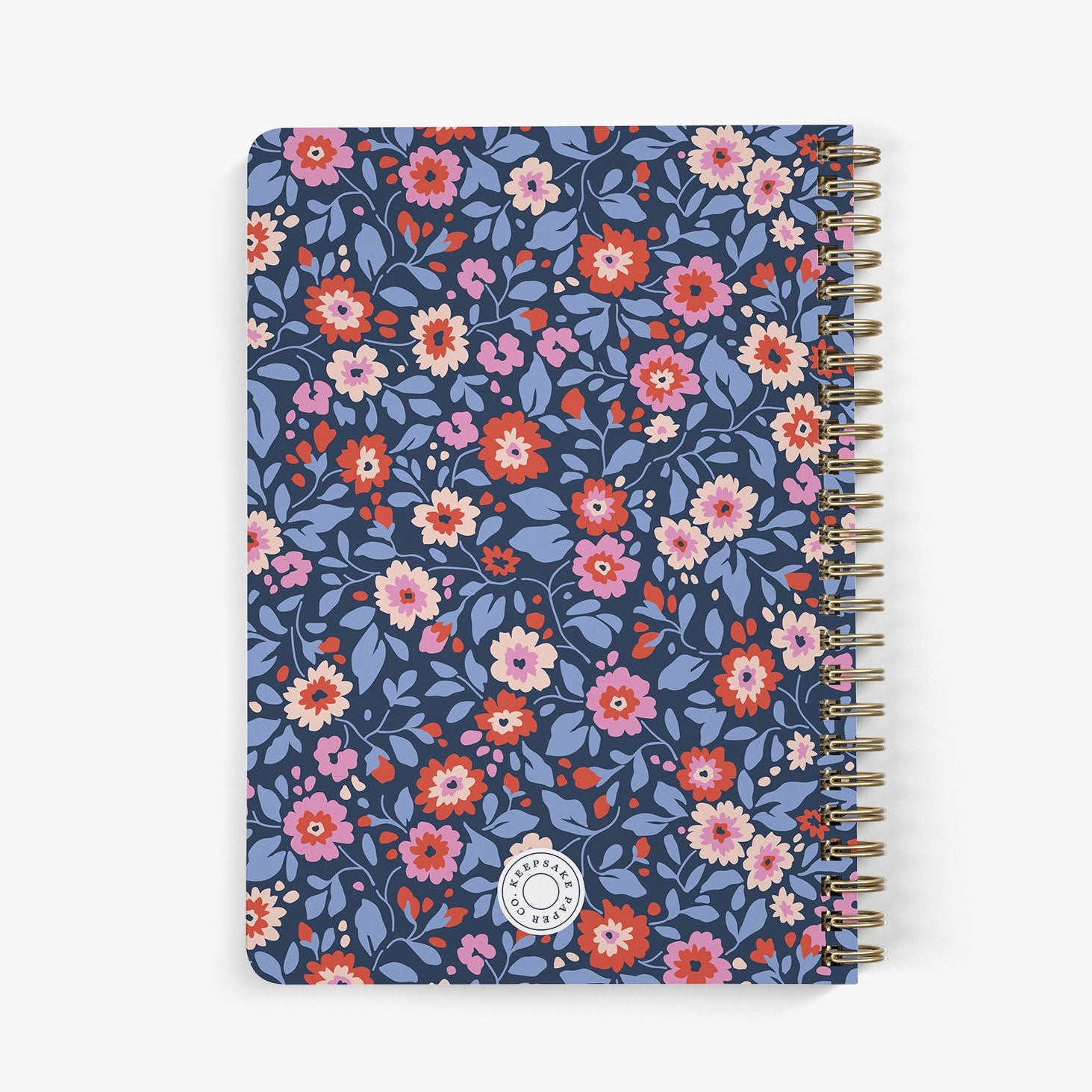 Back view of personalized address notebook with preppy red, pink and blue floral pattern on a white background