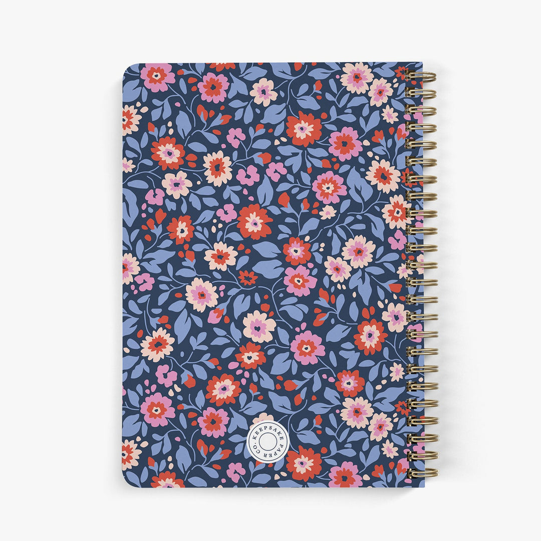 Back view of personalized password notebook with preppy floral pattern and gold wire binding