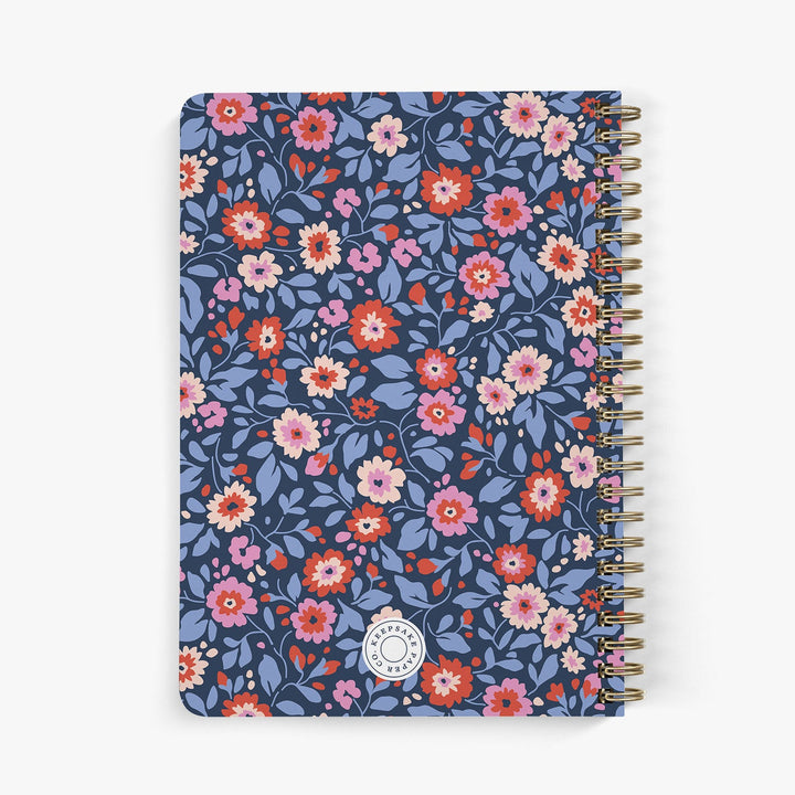 Back view of personalized password notebook with preppy floral pattern and gold wire binding