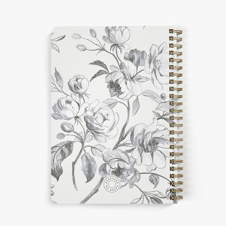 Back view of personalized password notebook with French-inspired sketched florals and gold binding