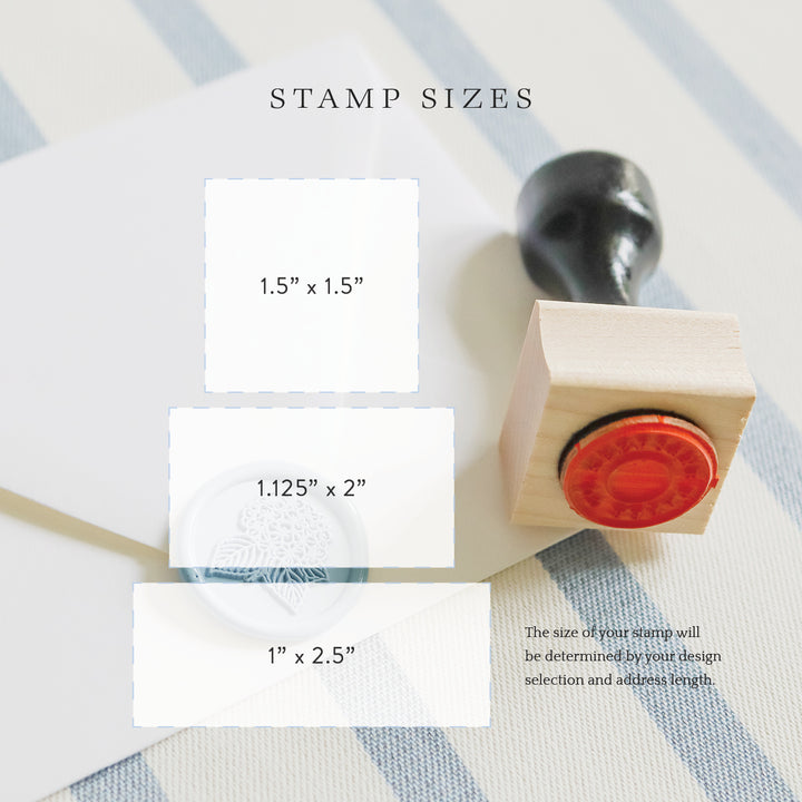 Personalized return address stamps come in 3 sizes in both wood and self-inking stamp options