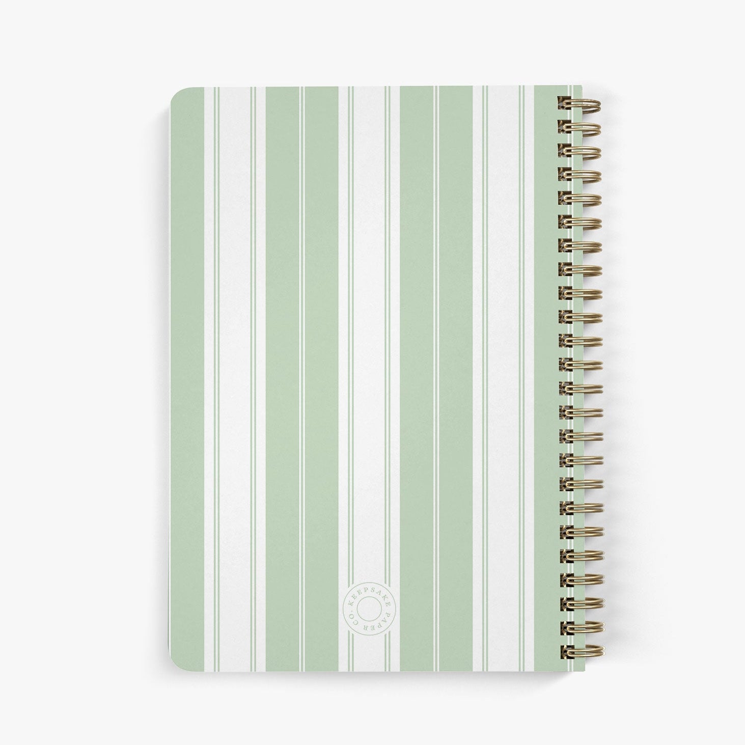 Back view of personalized address notebook with green and white striped cover on a white background