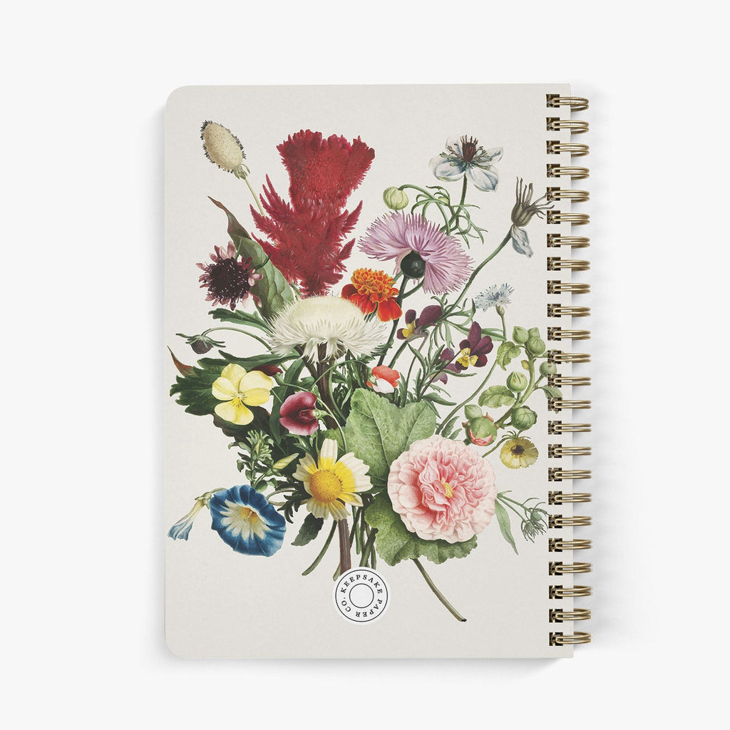 Back view of personalized password notebook with colorful vintage floral bouquet on a white background