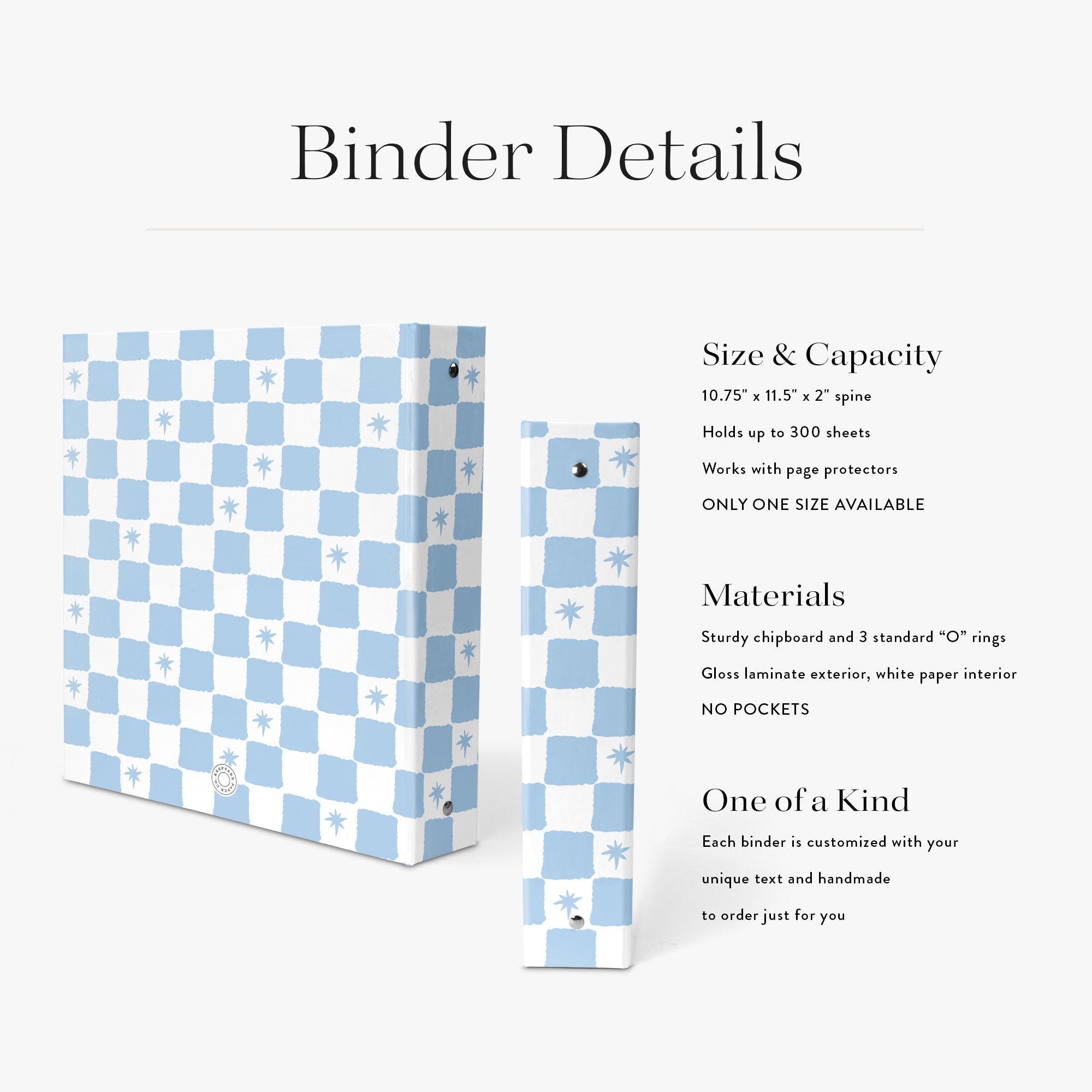 Checkered wedding binder with details on size, capacity, materials, and customization on a white background