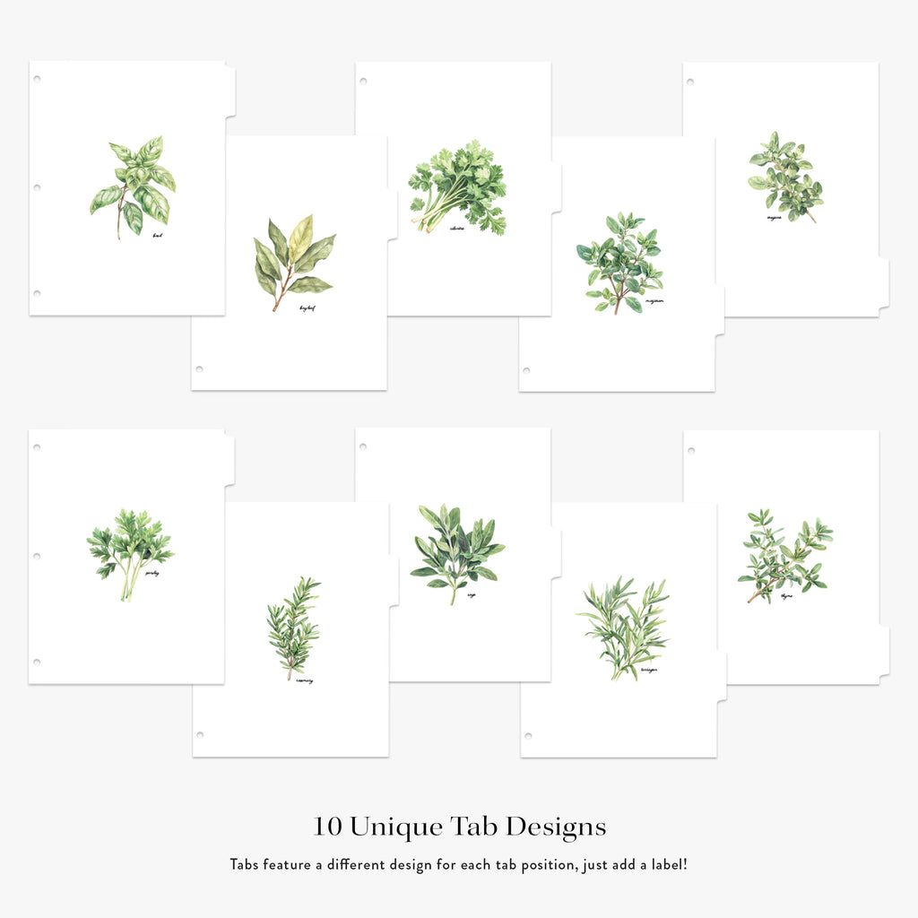 Set of 10 unique tab designs featuring watercolor illustrated cooking herbs on a white background.