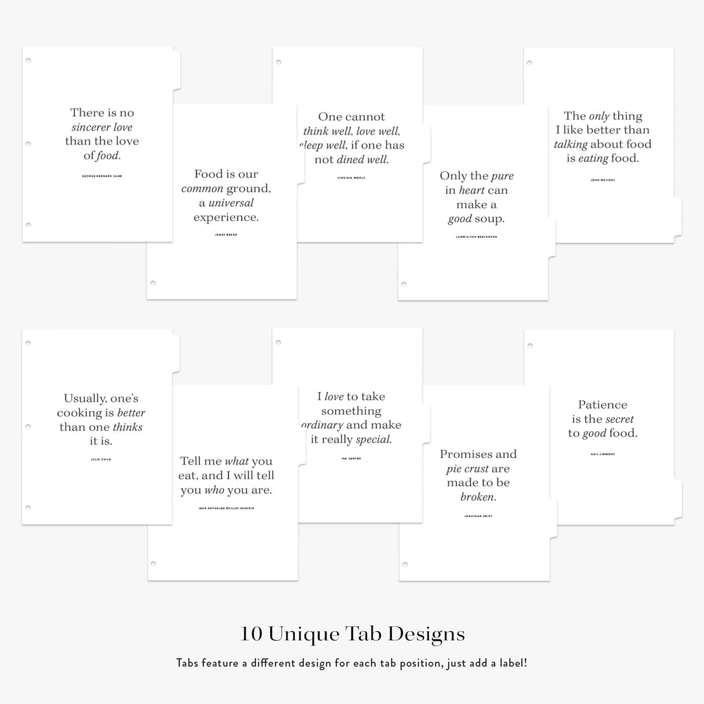 Set of 10 unique tab divider designs with black text on white background