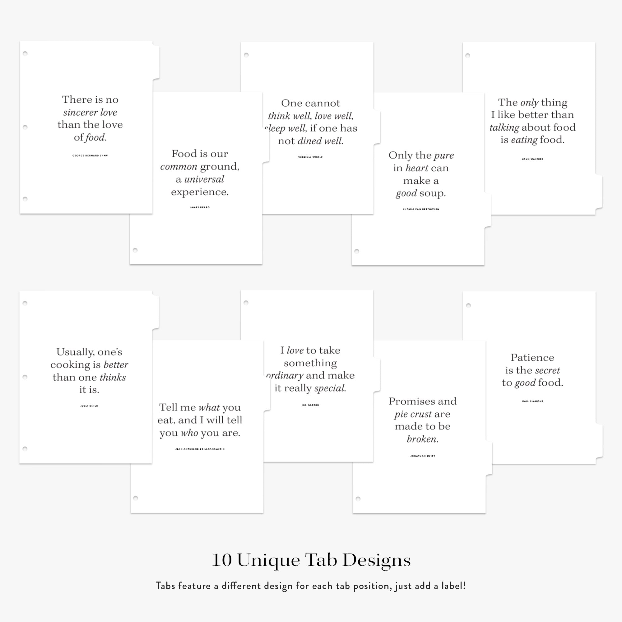 Set of 10 unique tab divider designs with black text on white background