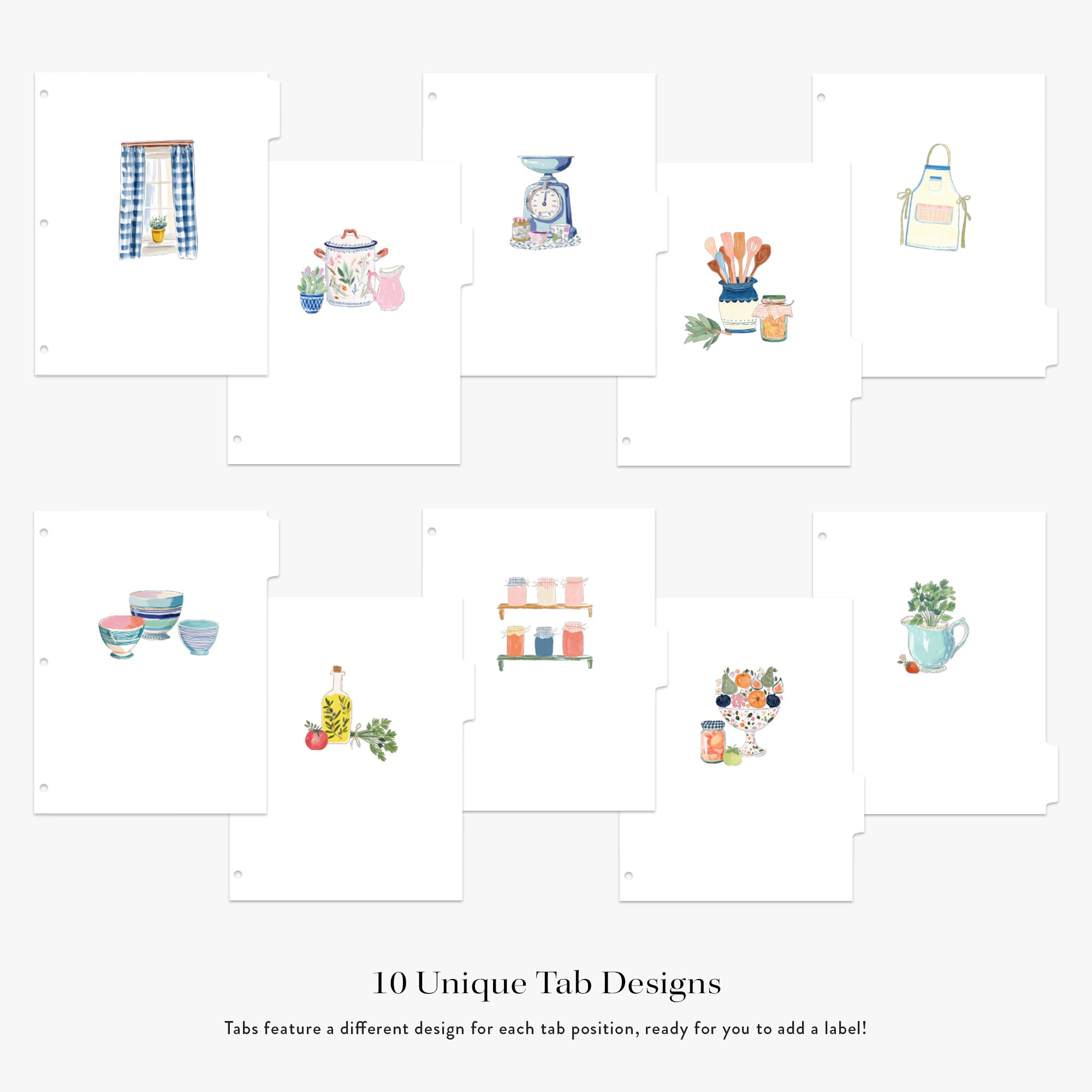 Set of 10 unique tab designs featuring various illustrations on a white background.